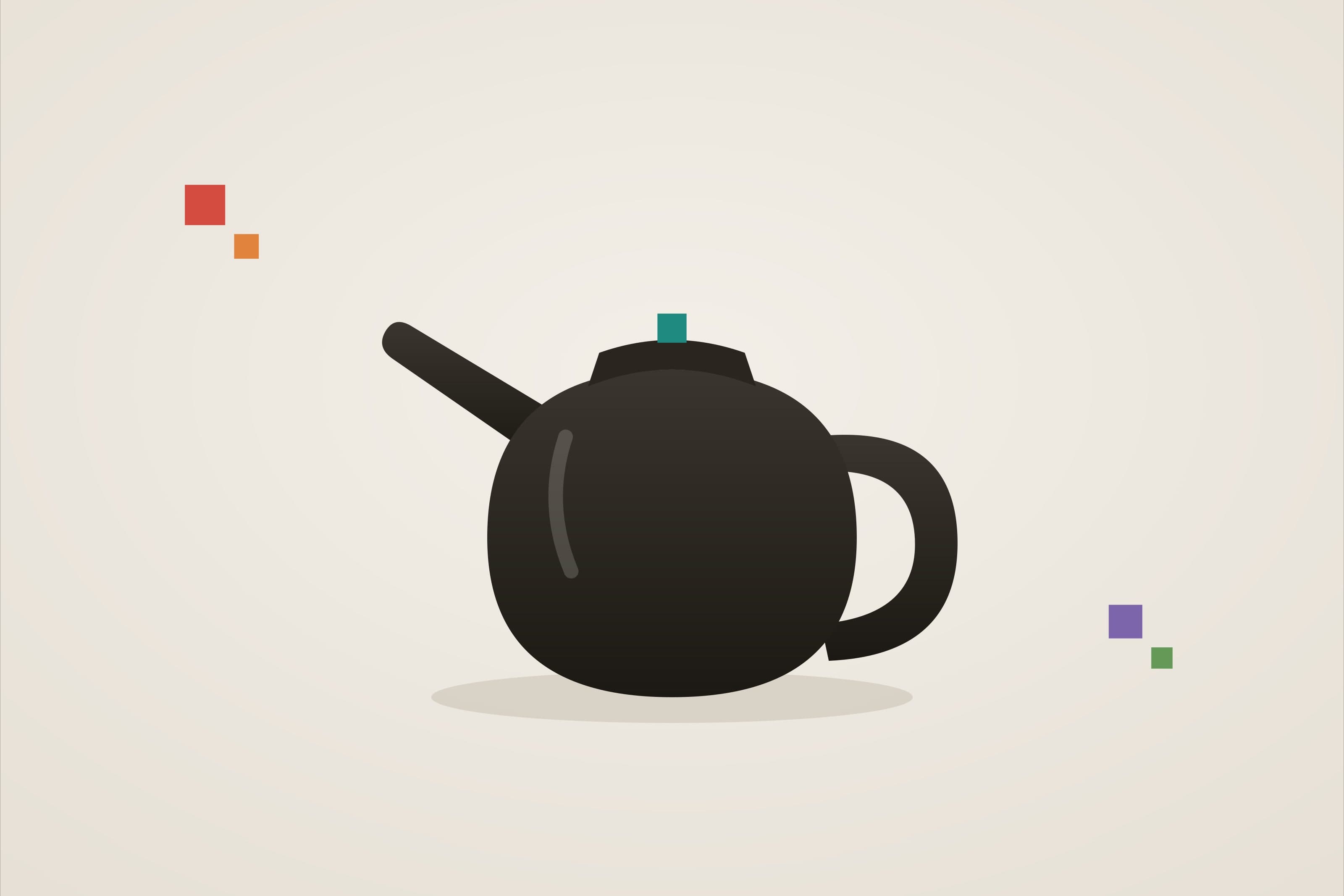 Placeholder artwork: a dark teapot sculpture against a neutral gallery wall